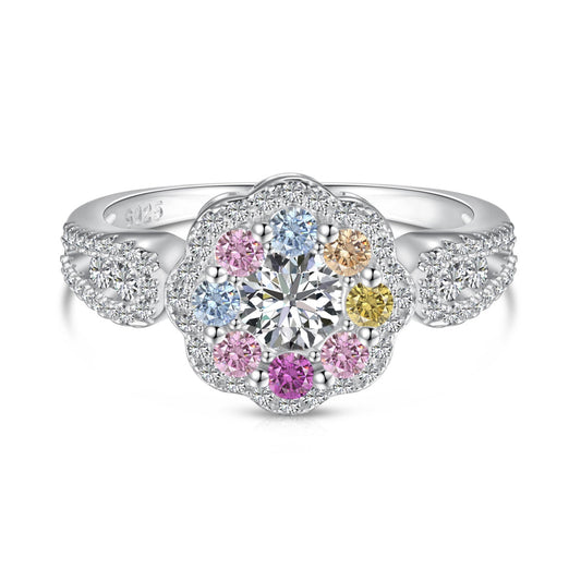 [AuraEcho]Delicate Colorful Round Cut Flower Shape Wedding Ring
