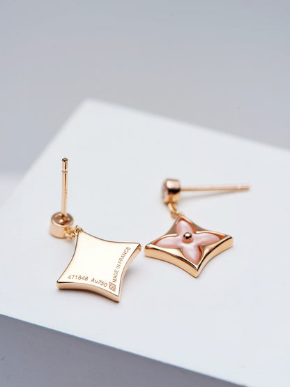 [AuraEcho]DOUBLE STAR PINK GOLD MOP DROP EARRINGS
