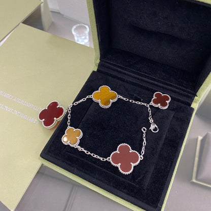 [AuraEcho]CLOVER 5 MOTIFS SIVLER CARNELIAN TIGER EYE BRACELET