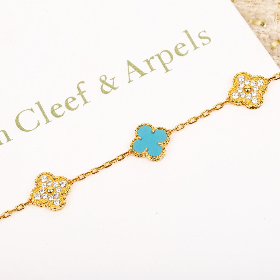 [AuraEcho]CLOVER 5 MOTIF TURQUOISE DIAMOND GOLD BRACELET