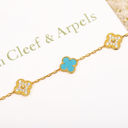 [AuraEcho]CLOVER 5 MOTIF TURQUOISE DIAMOND GOLD BRACELET