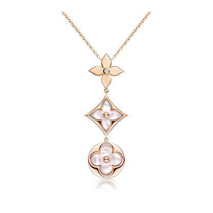 [AuraEcho]COLOR BLOSSOM LARIAT NECKLACE PINK GOLD WHITE MOTHER PEARL AND DIAMOND